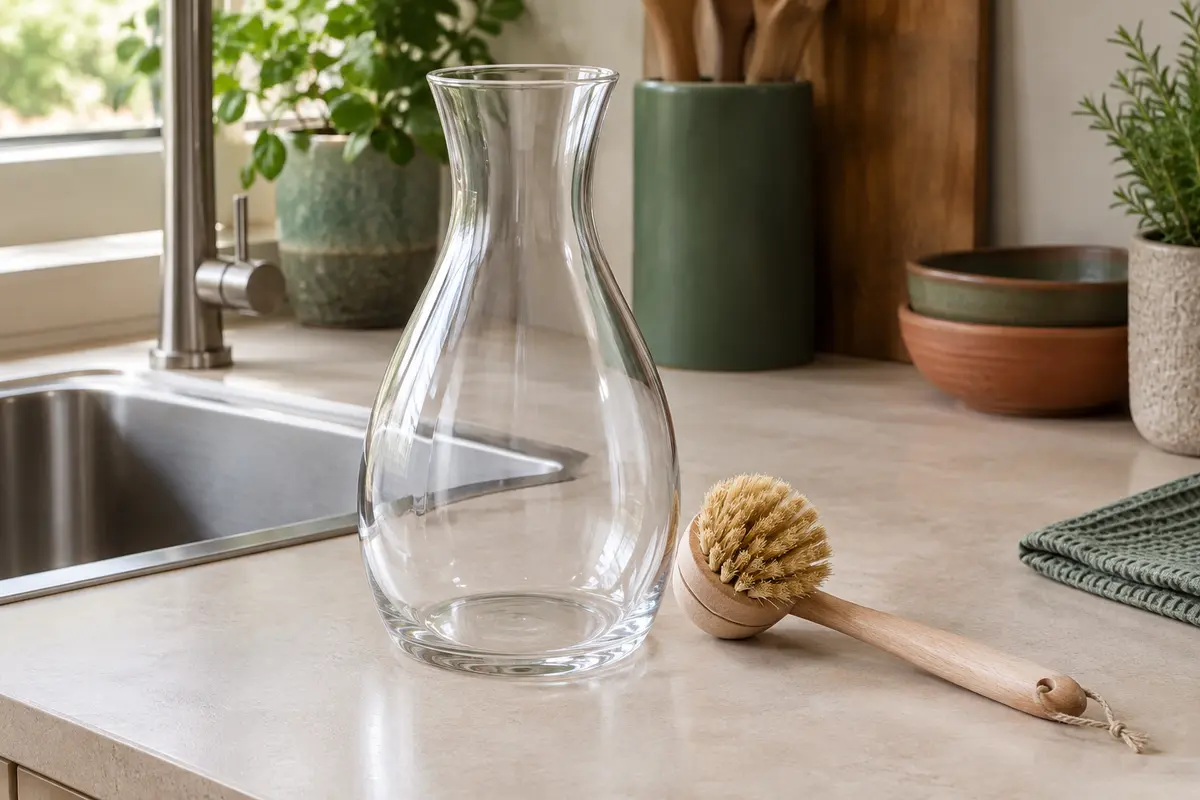 Carafe en verre à col étroit près d’une brosse à manche et à fibres végétales