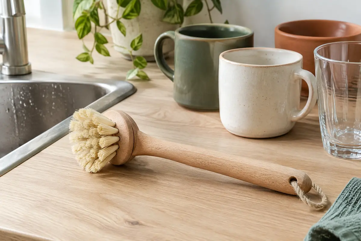 Brosse à vaisselle à fibres végétales posée près de tasses en céramique et d’un verre