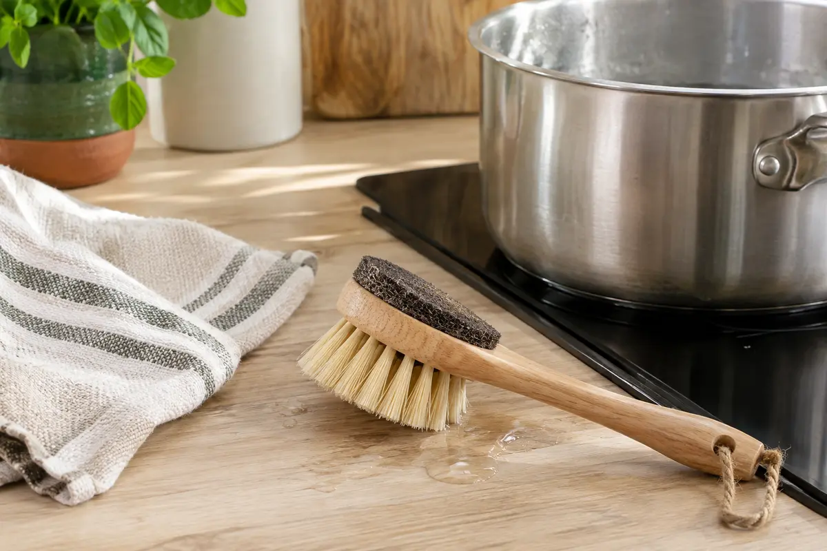 Brosse à vaisselle avec grattoir posée près d’une casserole refroidie, sans toucher son revêtement