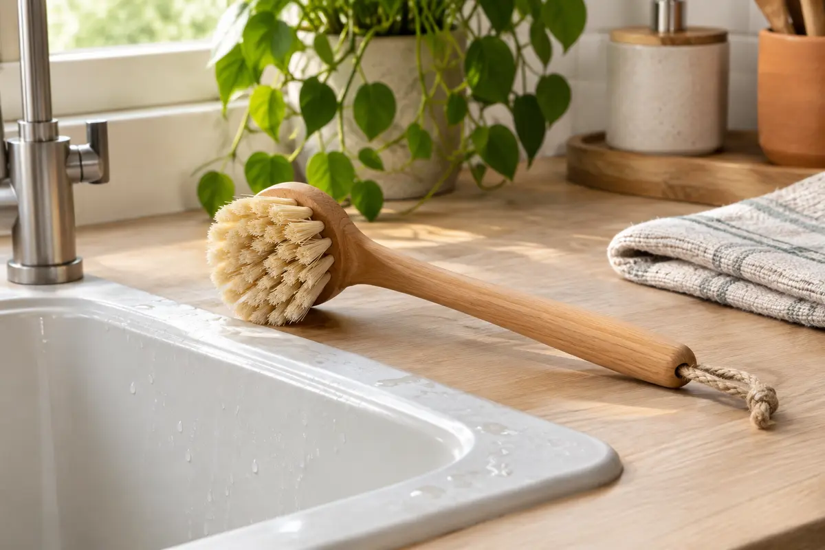 Brosse à vaisselle en bois et fibres végétales posée près d’un évier après rinçage.