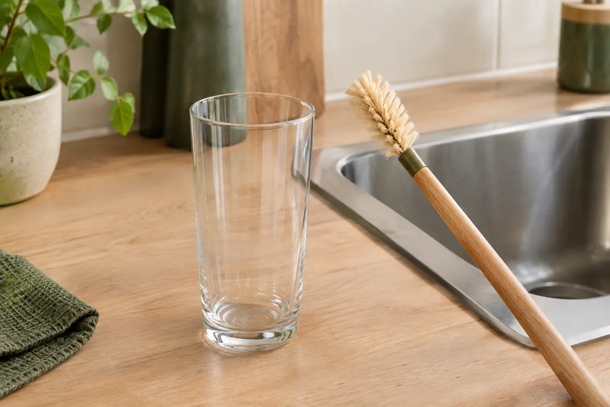 Brosse à manche long placée près d’un verre haut transparent sur un évier propre.