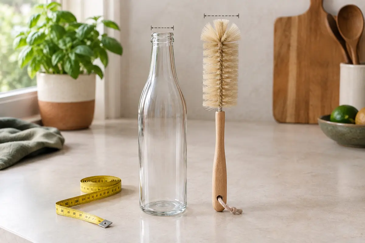 Brosse à bouteille végétale et bouteille en verre étroite pour comparer la tête et le goulot.