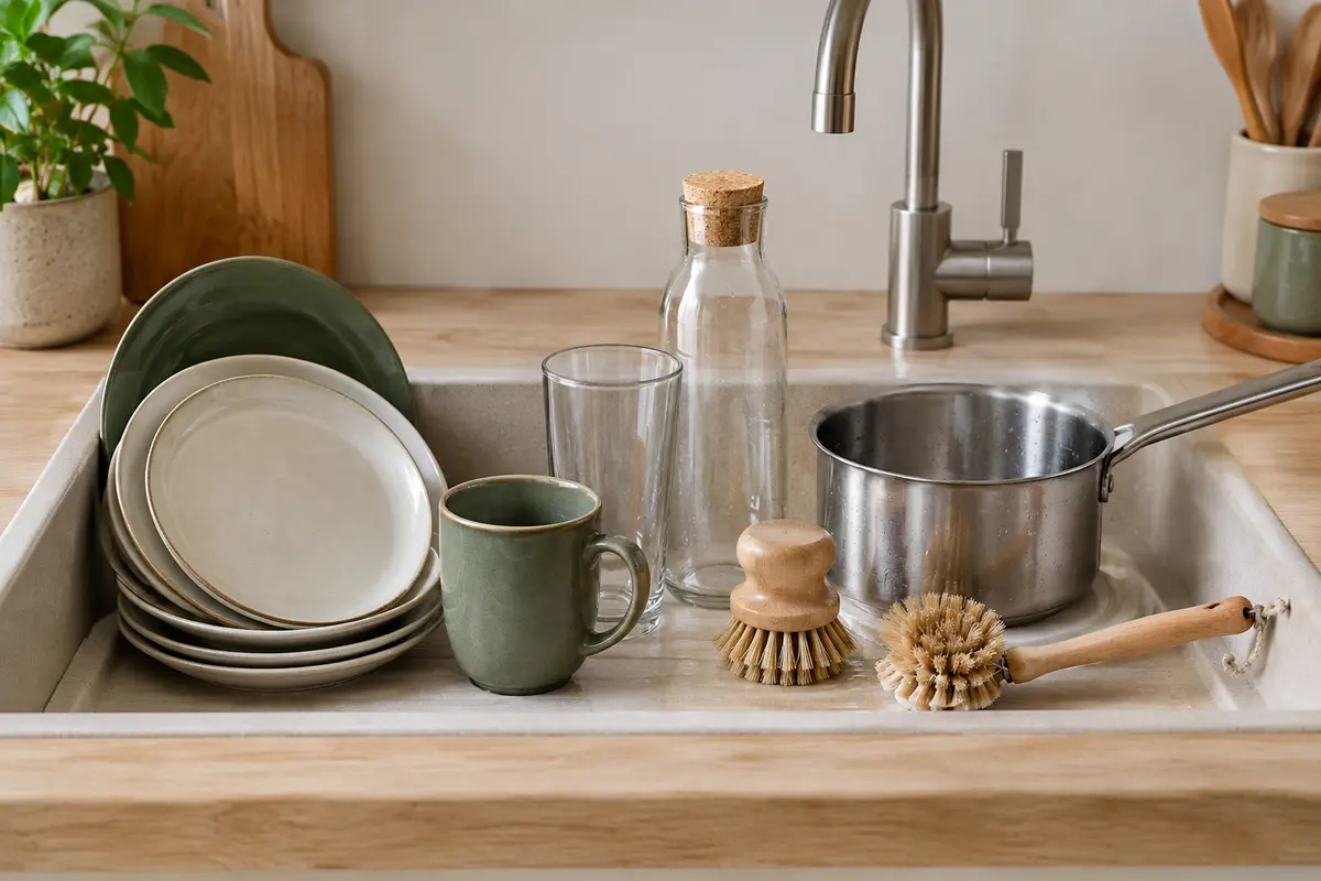 Deux brosses à vaisselle végétales près d’assiettes, d’un verre, d’une bouteille et d’une casserole