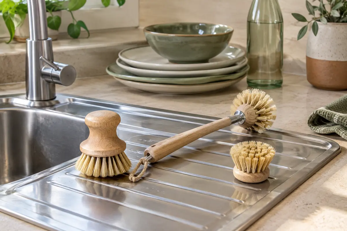 Brosses à vaisselle végétales de formes différentes près d’assiettes, d’un bol et d’une bouteille