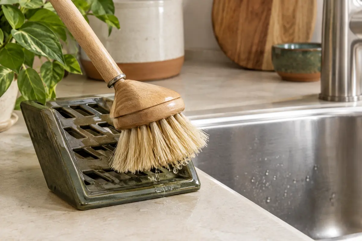Brosse à vaisselle en bois et fibres végétales qui sèche à l’air libre près de l’évier