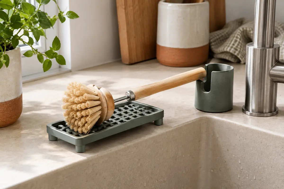 Brosse à vaisselle végétale posée sur une grille ajourée près de l’évier pour sécher à l’air