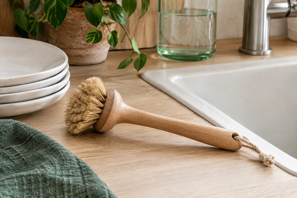 Brosse à vaisselle en bois avec des fibres végétales visibles, posée près d’un évier