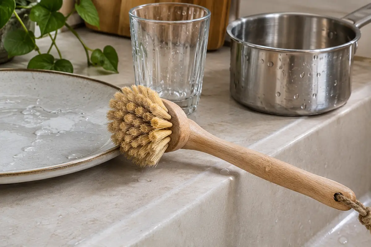Brosse à vaisselle à fibres végétales près d’une assiette, d’un verre et d’une casserole