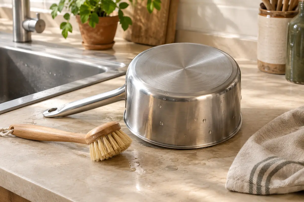 Casserole près d’une brosse à fibres végétales, illustrant un nettoyage doux et maîtrisé