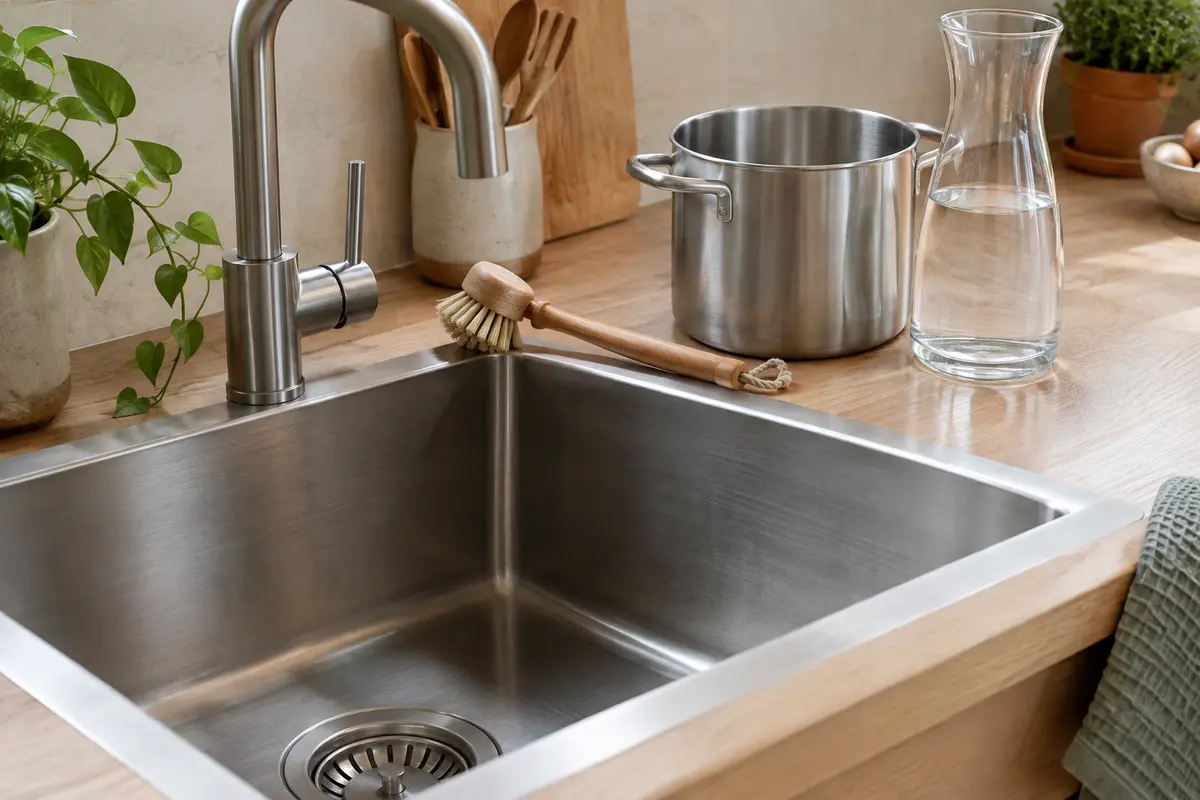 Brosse à vaisselle en bois près d’un évier profond, d’une casserole haute et d’une carafe