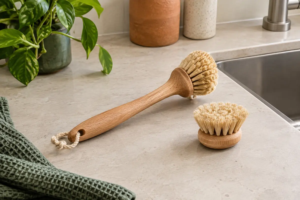 Brosse à vaisselle en fibres végétales avec manche en bois et tête de rechange posée à côté