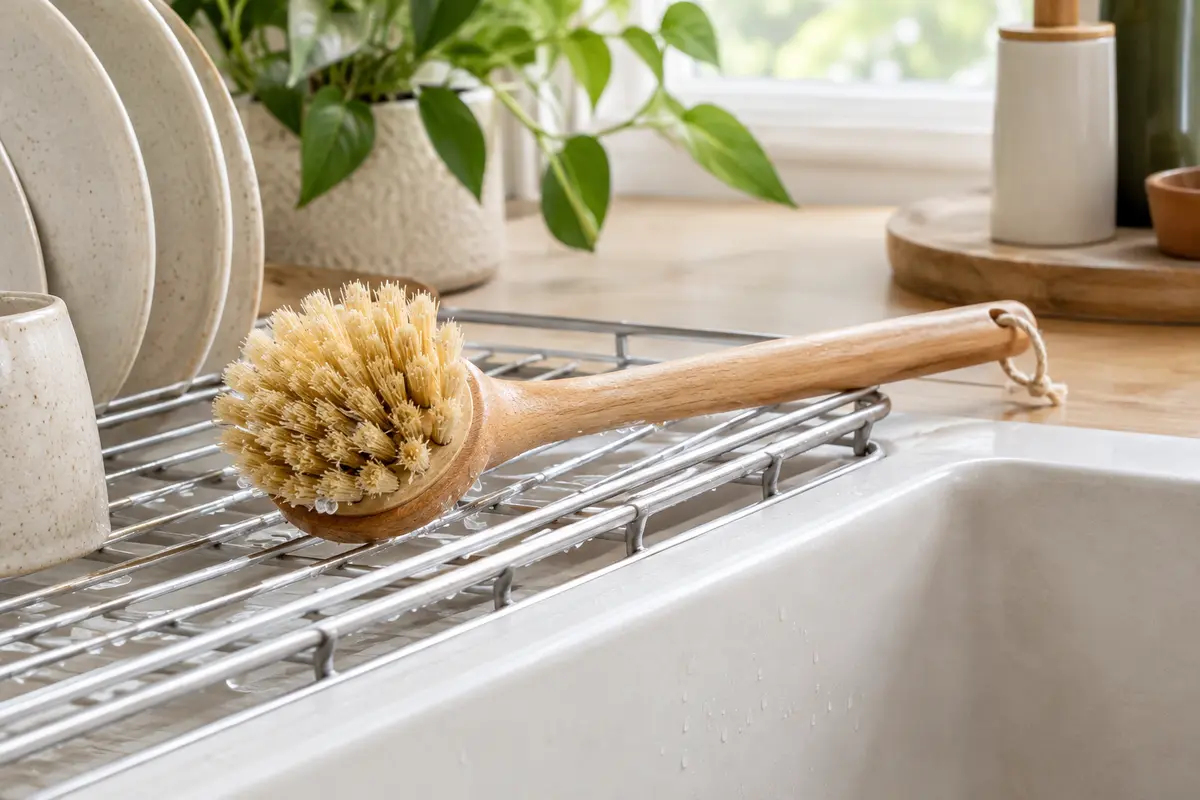 Brosse à vaisselle à fibres végétales qui sèche à l’air libre sur un égouttoir près de l’évier