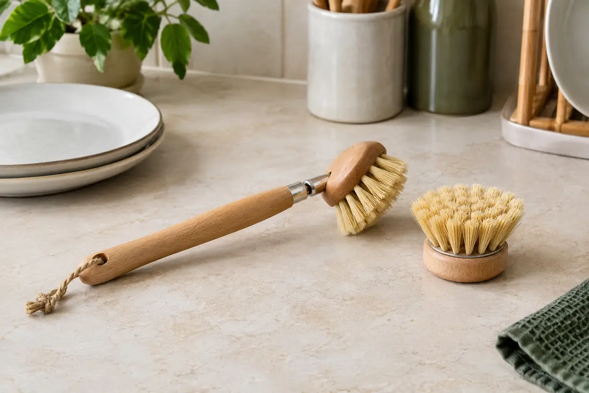 Brosse à vaisselle à manche en bois et tête de rechange posées côte à côte sur un plan de travail.