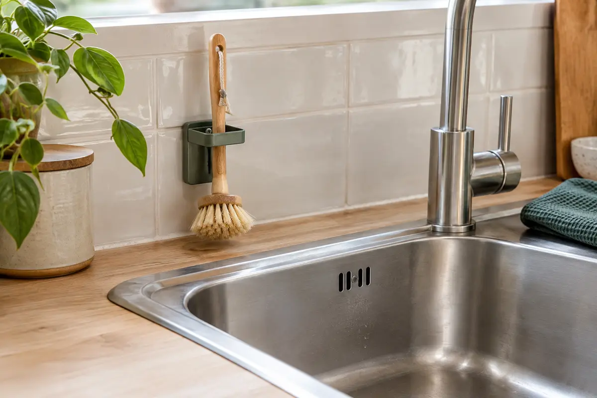 Brosse à vaisselle végétale rangée dans un support compact et ouvert près d’un petit évier