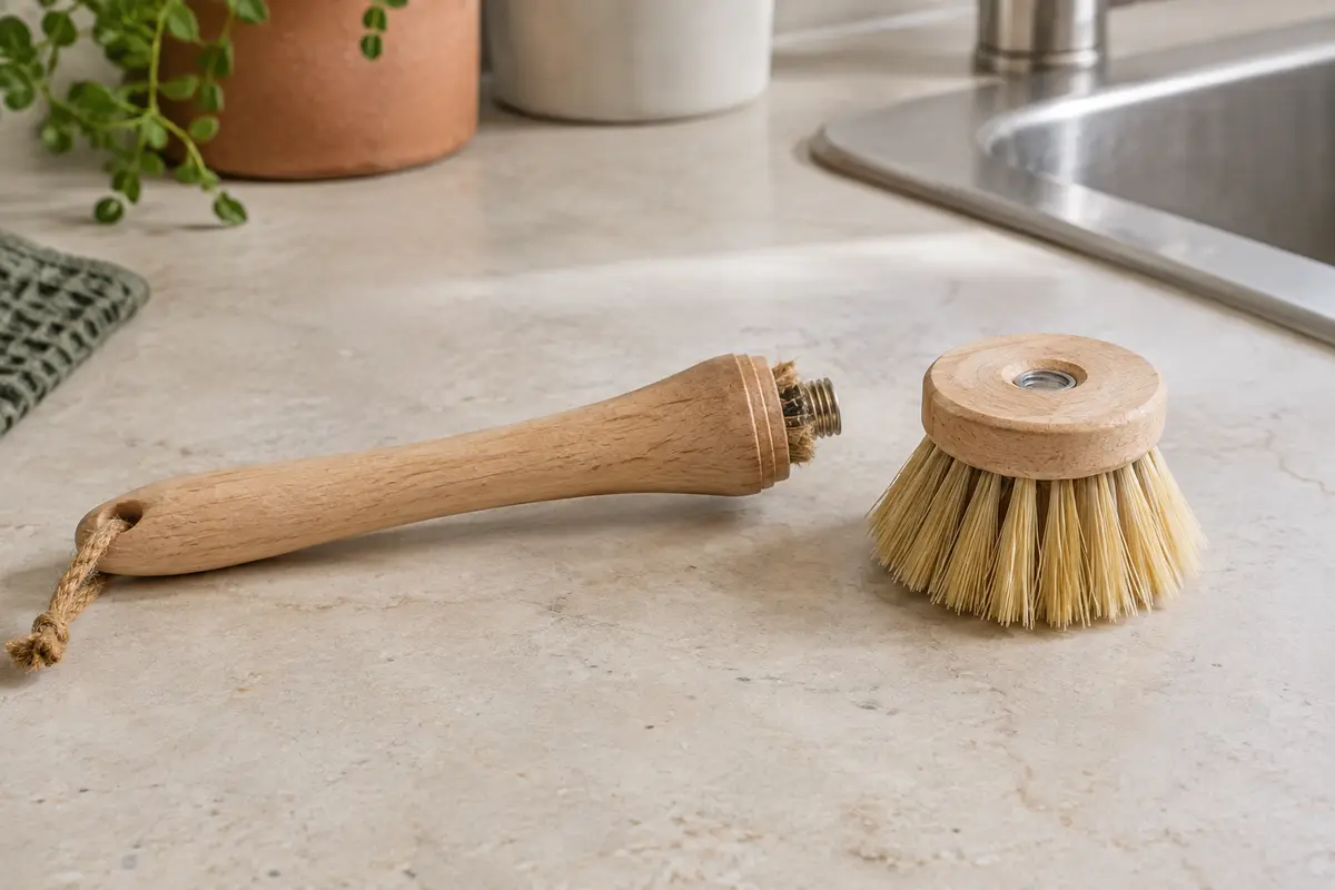 Brosse à vaisselle en bois et tête détachée, avec le système de fixation visible