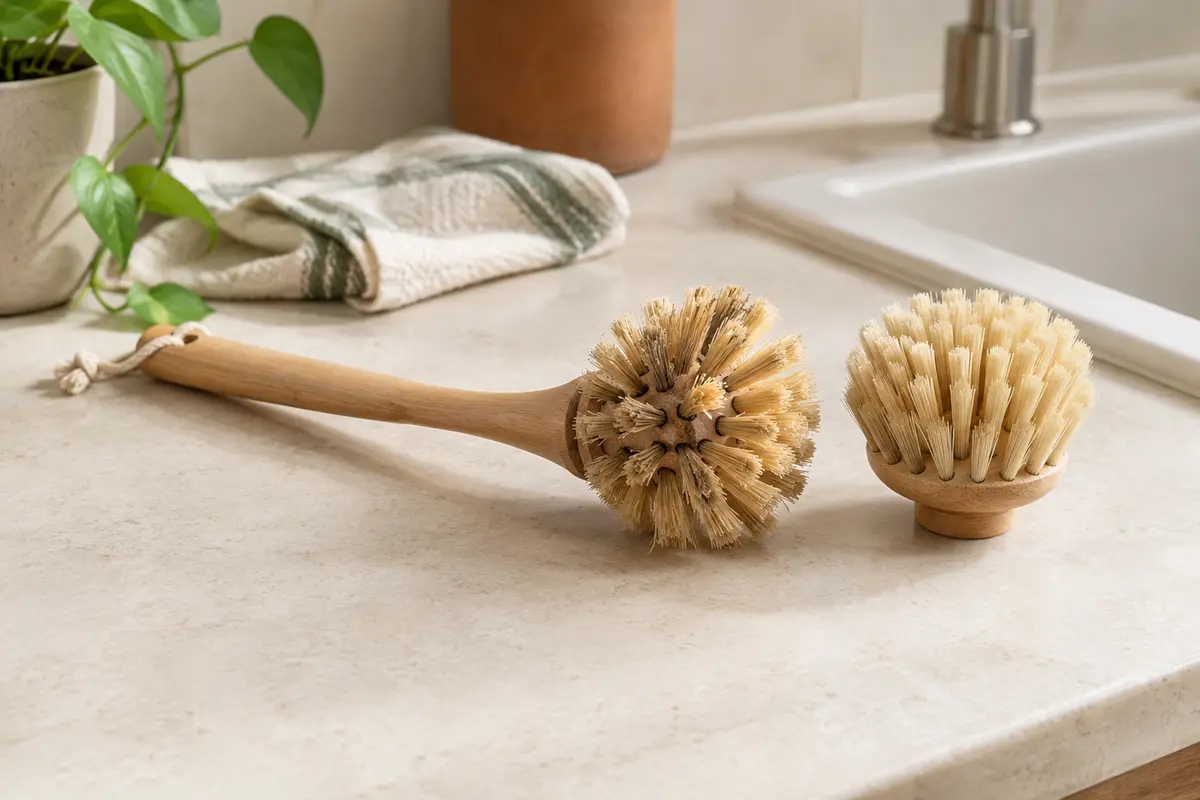 Brosse à bouteille à fibres végétales usées posée à côté d’une tête de rechange compatible