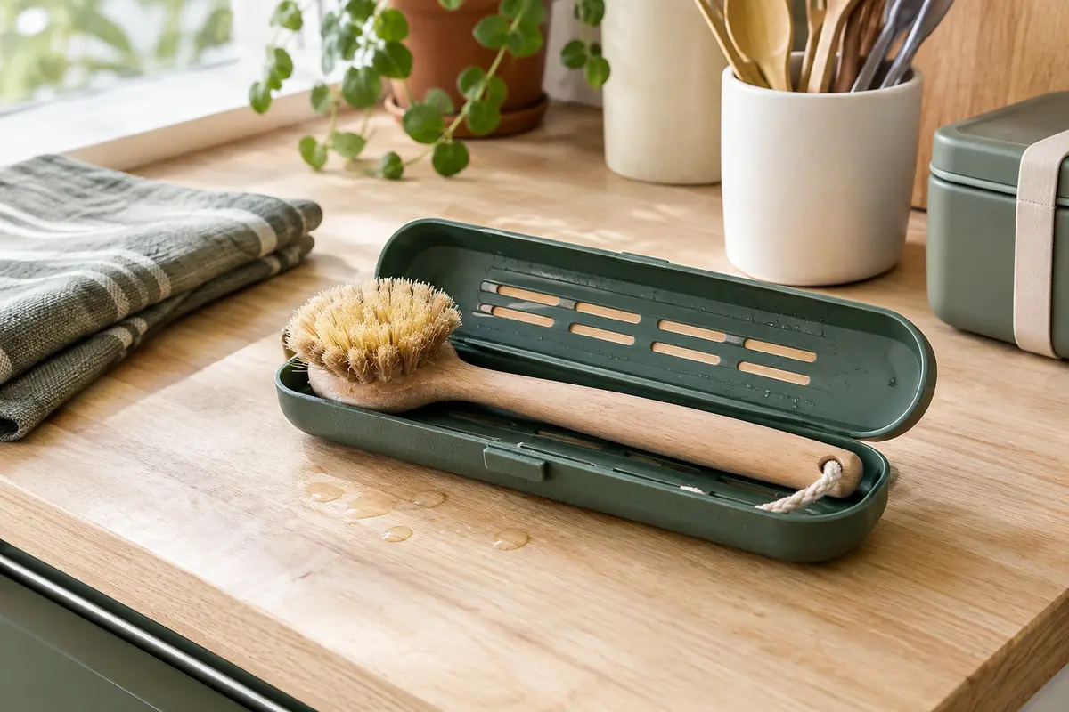 Brosse à vaisselle végétale égouttée dans un rangement ventilé, séparée des ustensiles propres.