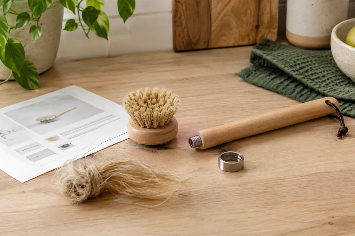 Brosse à vaisselle en bois et fibres végétales avec sa tête séparée, près d’une fiche produit neutre