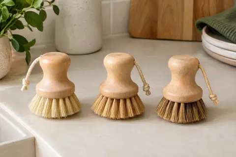 Trois brosses rondes à vaisselle en bois d’hévéa, avec des fibres de sisal et de cocotier.