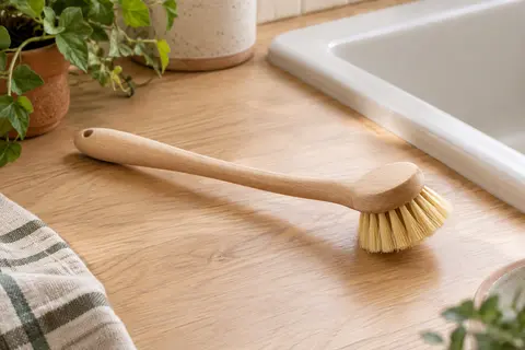 Brosse à vaisselle Elliott en bois beige avec tête compacte garnie de fibres Tampico, posée sur un plan en bois clair.