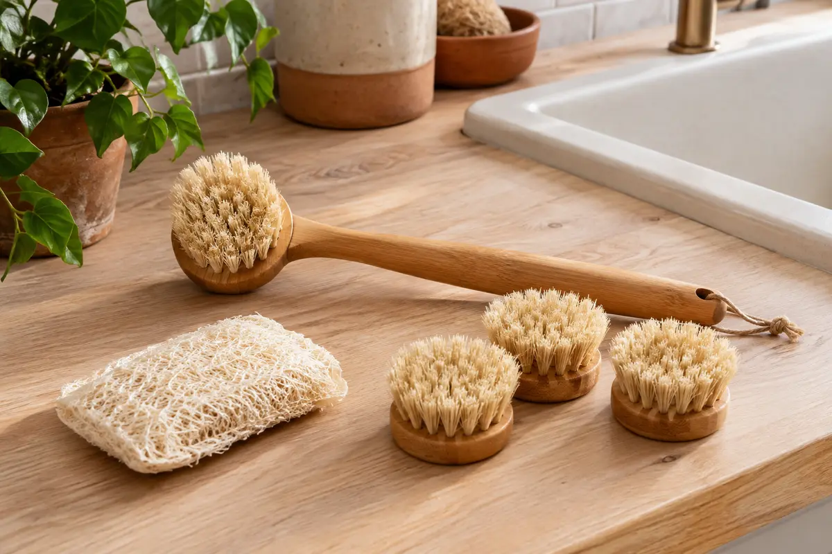 Brosse à vaisselle en bambou avec têtes de rechange en sisal et éponge en luffa