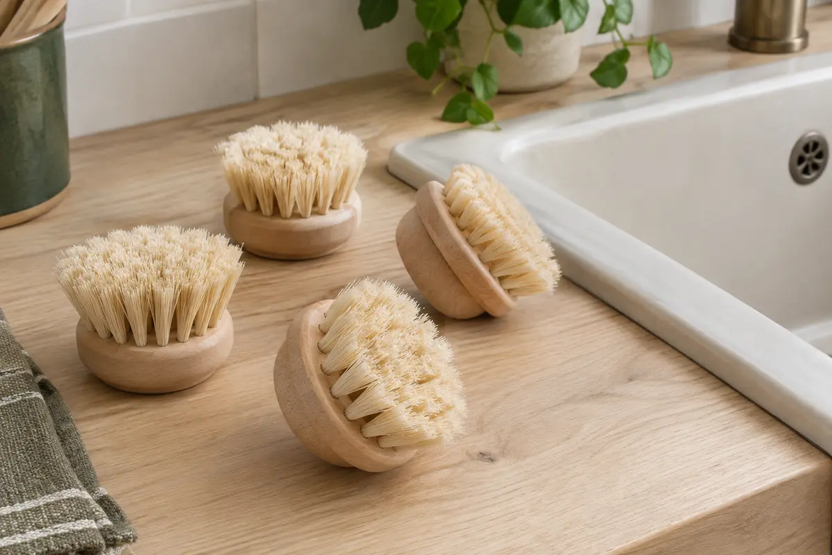 Têtes rondes de rechange en bois clair et fibres naturelles posées sur une surface de cuisine.