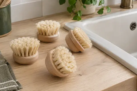 Têtes rondes de rechange en bois clair et fibres naturelles posées sur une surface de cuisine.