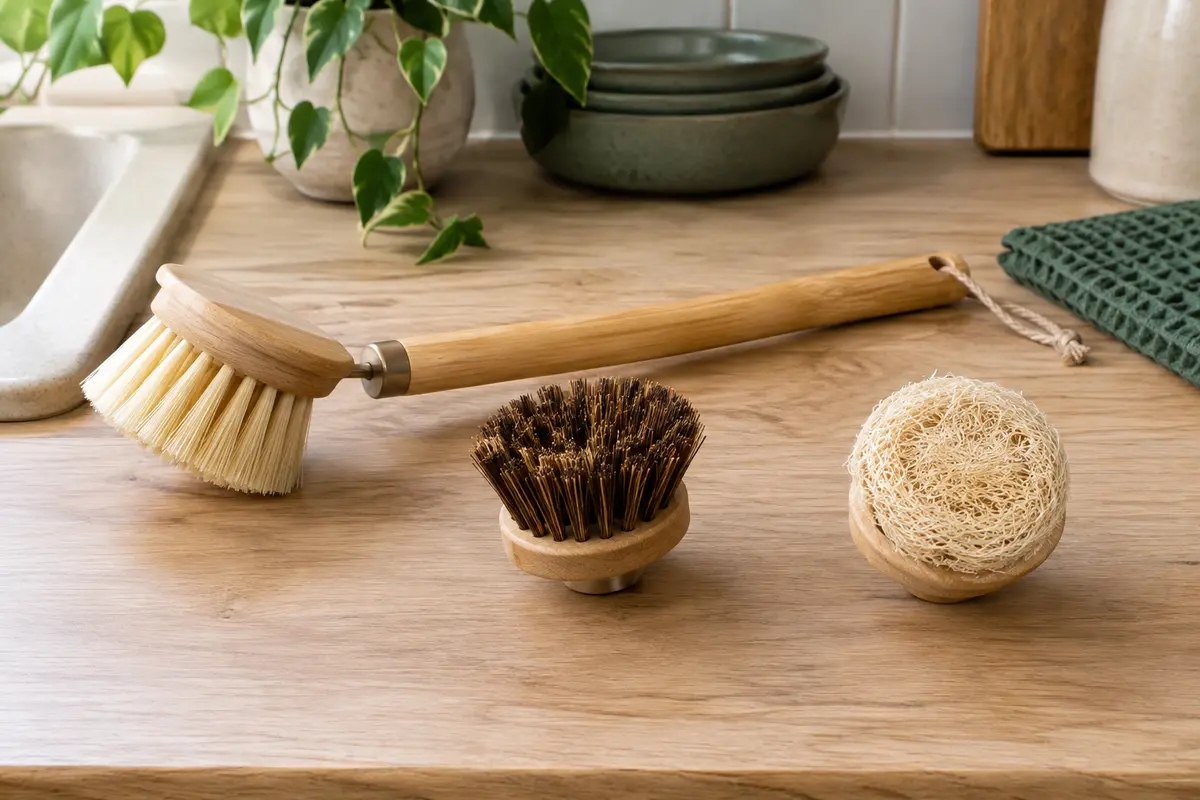 Kit de brosses à vaisselle en bambou avec têtes en sisal, palmyre et luffa