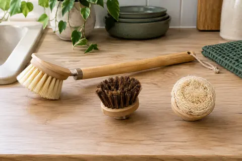 Kit de brosses à vaisselle en bambou avec têtes en sisal, palmyre et luffa