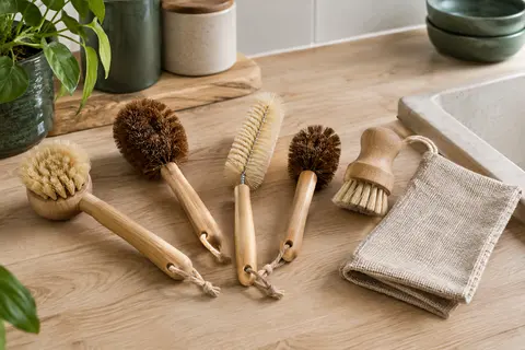 Kit de brosses à vaisselle en bambou avec fibres végétales, brosse à bouteille et chiffon en chanvre