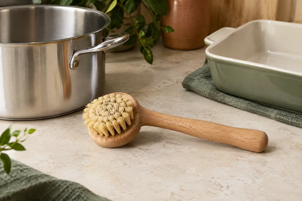 Brosse ronde à casserole en fibres végétales avec manche en bois de hêtre, posée près d’un plat