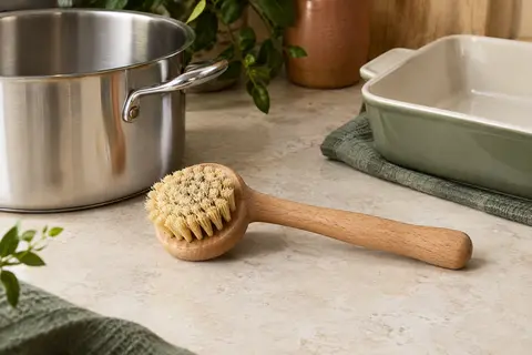 Brosse ronde à casserole en fibres végétales avec manche en bois de hêtre, posée près d’un plat