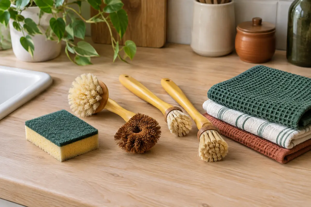 Kit de brosse à vaisselle jaune avec manche en bois, trois têtes, éponge et torchons sur un plan de cuisine
