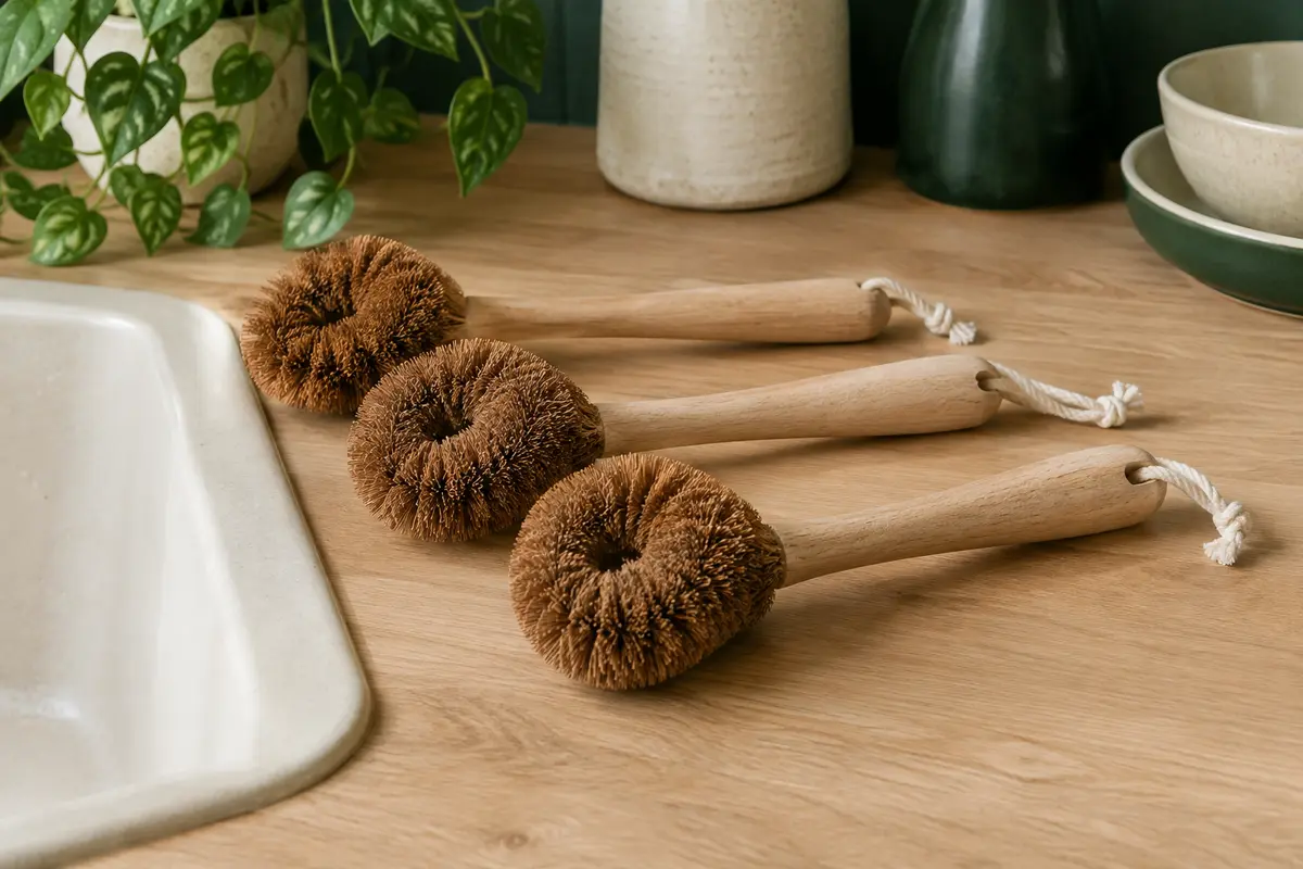 Trois brosses à vaisselle en fibre de coco avec manches en bois d’hévéa posées sur un plan de travail