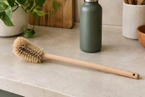 Goupillon en bois clair à long manche et poils coudés posé près d’une gourde dans une cuisine