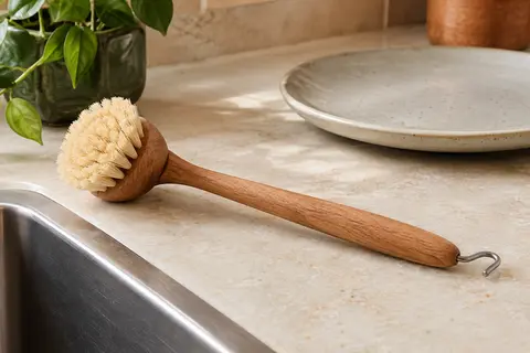 Brosse à vaisselle Sorbo en bois brun et fibres de tampico, posée près d’un évier dans une cuisine sobre.