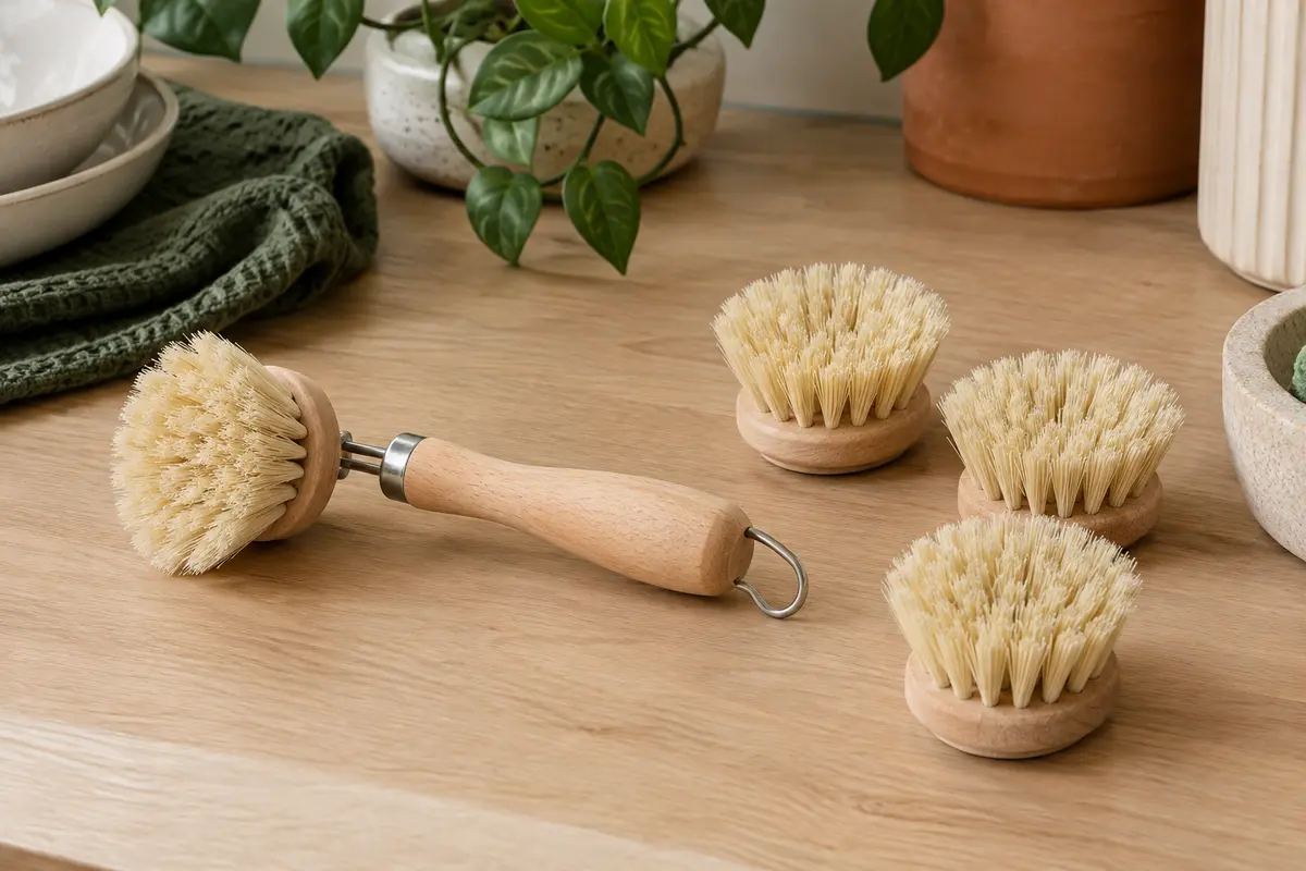 Brosse à vaisselle en hêtre à tête ronde en fibres végétales, accompagnée de trois têtes de rechange.