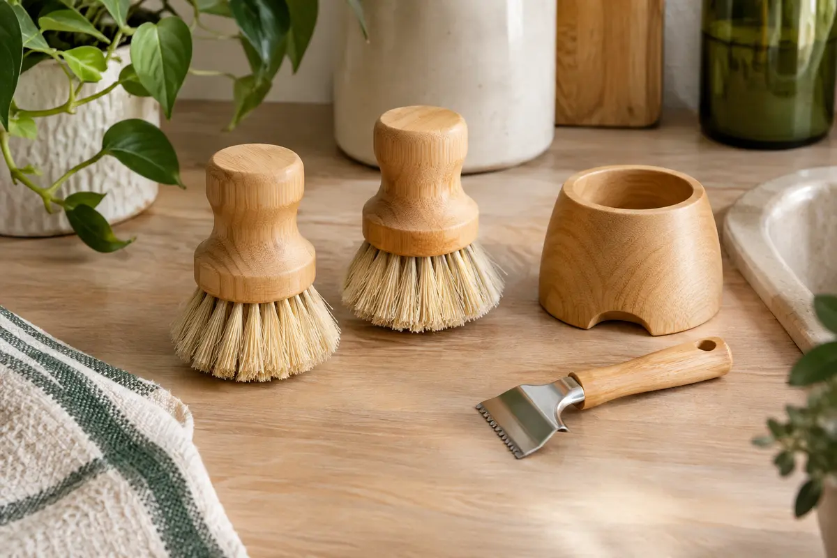 Deux brosses à récurer en sisal avec poignées en bambou, porte-brosse et grattoir posés près d’un évier