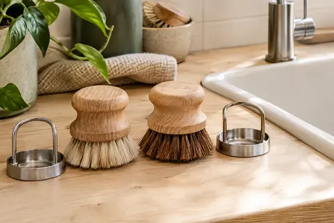 Deux brosses à vaisselle en bois aux fibres végétales, posées près de leurs supports d’égouttage.