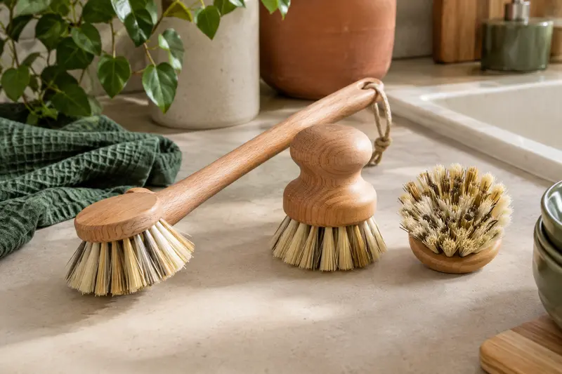 Brosse à manche, brosse à main et tête de rechange présentées côte à côte