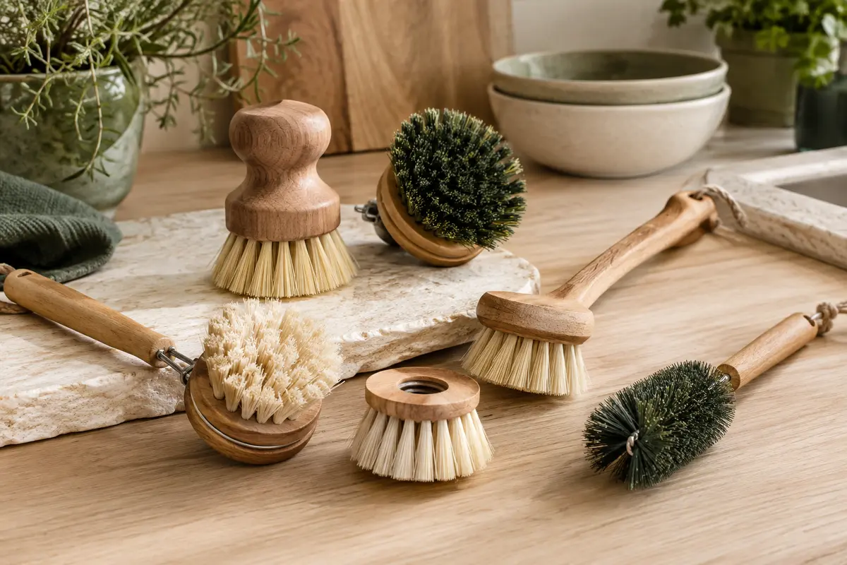 Brosses à vaisselle végétales de formes variées et tête de rechange dans une cuisine sobre